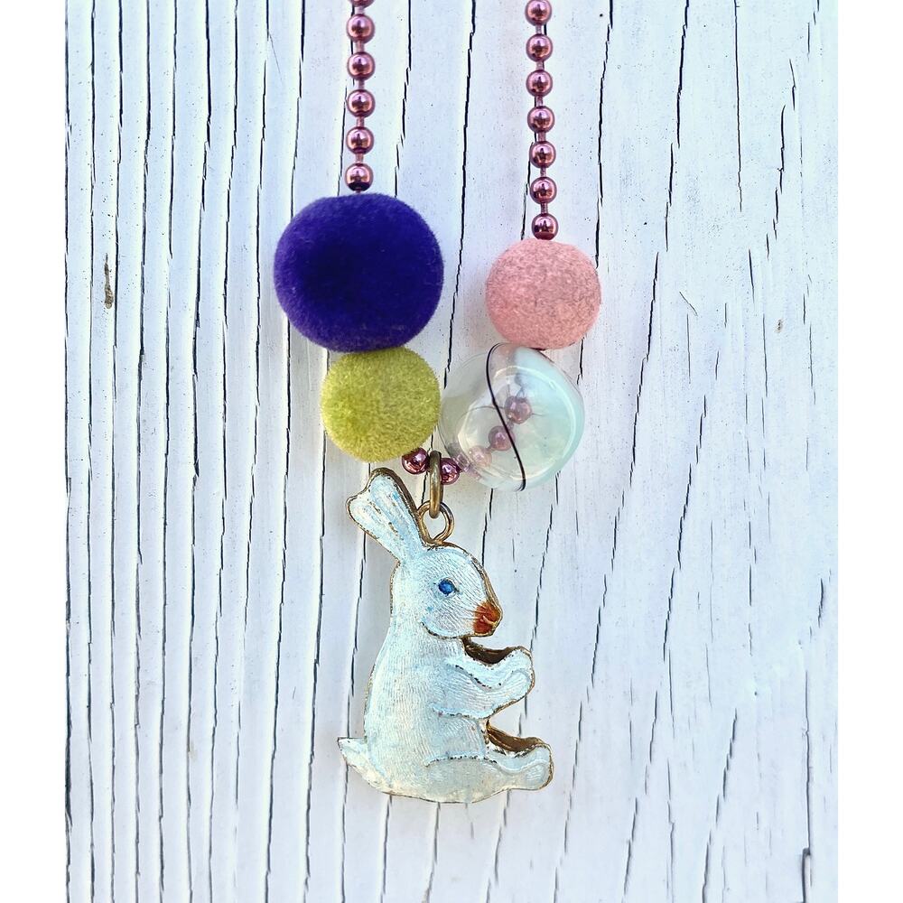 Ball Chain Charm Necklace, Vtg. Enamel Rabbit Charm, Murano Glass, Fuzzy Beads